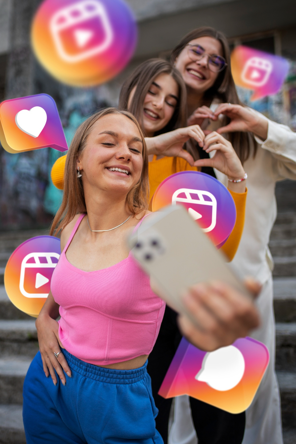 Conteúdo dinâmico: mulheres utilizando smartphone e sorrindo cercadas de ícones remetendo ao Instagram